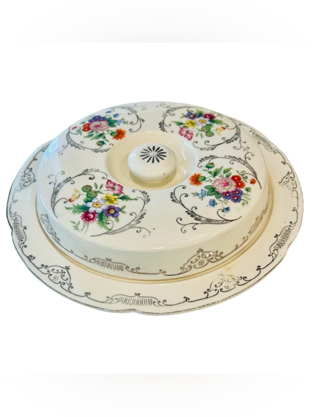 Antique Nippon Dresdena Ware Covered Divided Dish Hand Painted Floral